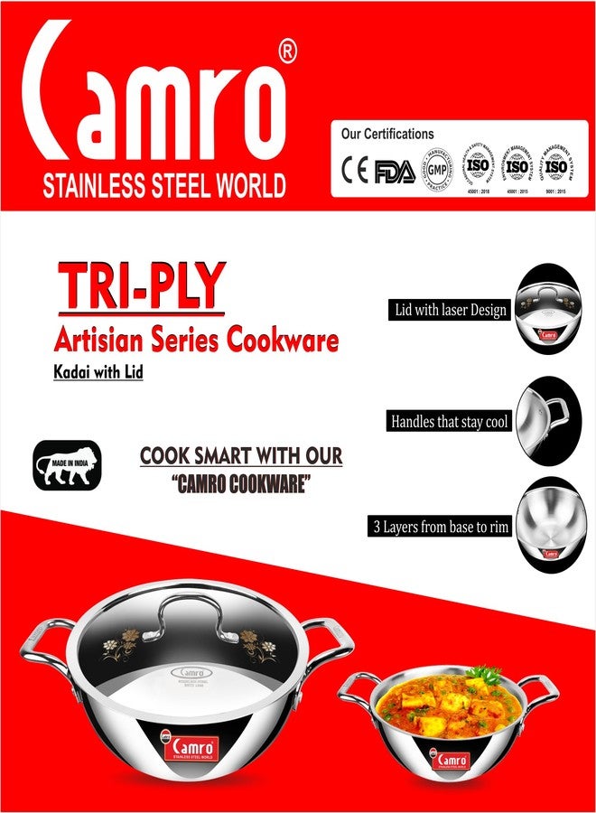 Camro Triply Artisian Kadhai With Lid 32 Cm, 6.7 Liters | kadhai Steel Stainless | Kadhai For Deep Frying | Kadai Induction Base |Kadai For Cooking Stainless Steel | Induction Friendly Dishwasher Safe - Image 3